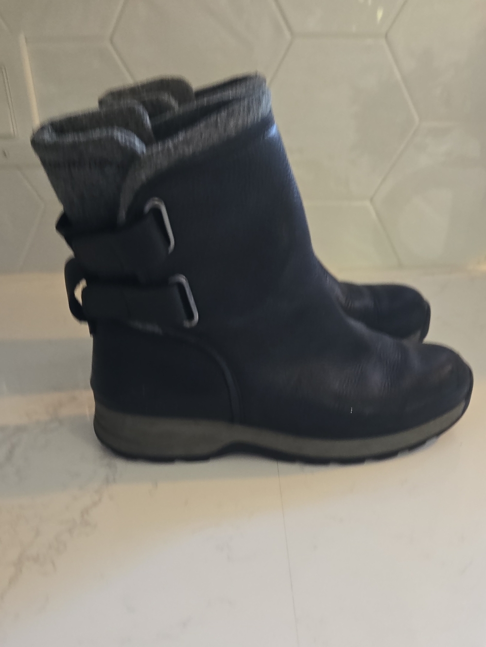 Woolrich Black Leather Winter Ankle Boots with Gray Knit Cuff